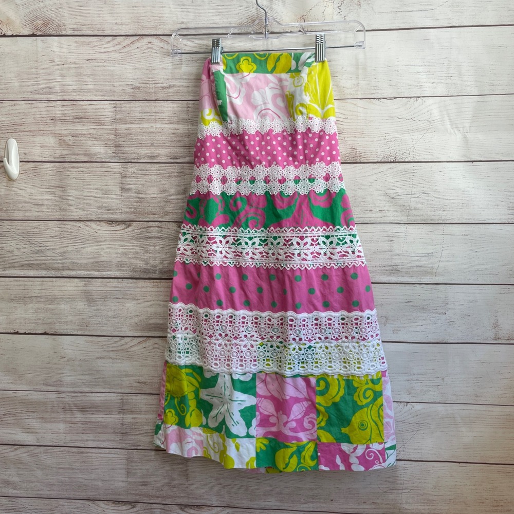 VINTAGE LILLY PULITZER DELIGHTFUL PATCH STRAPLESS DRESS